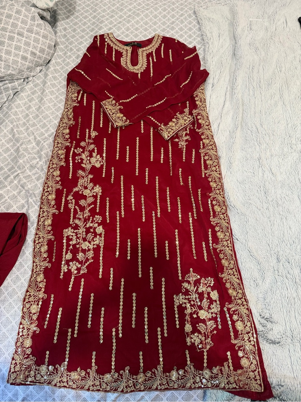 Embroidered Maroon & Gold Long Dress